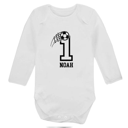 Personalised football number baby bodysuit long sleeved white 6-12 months