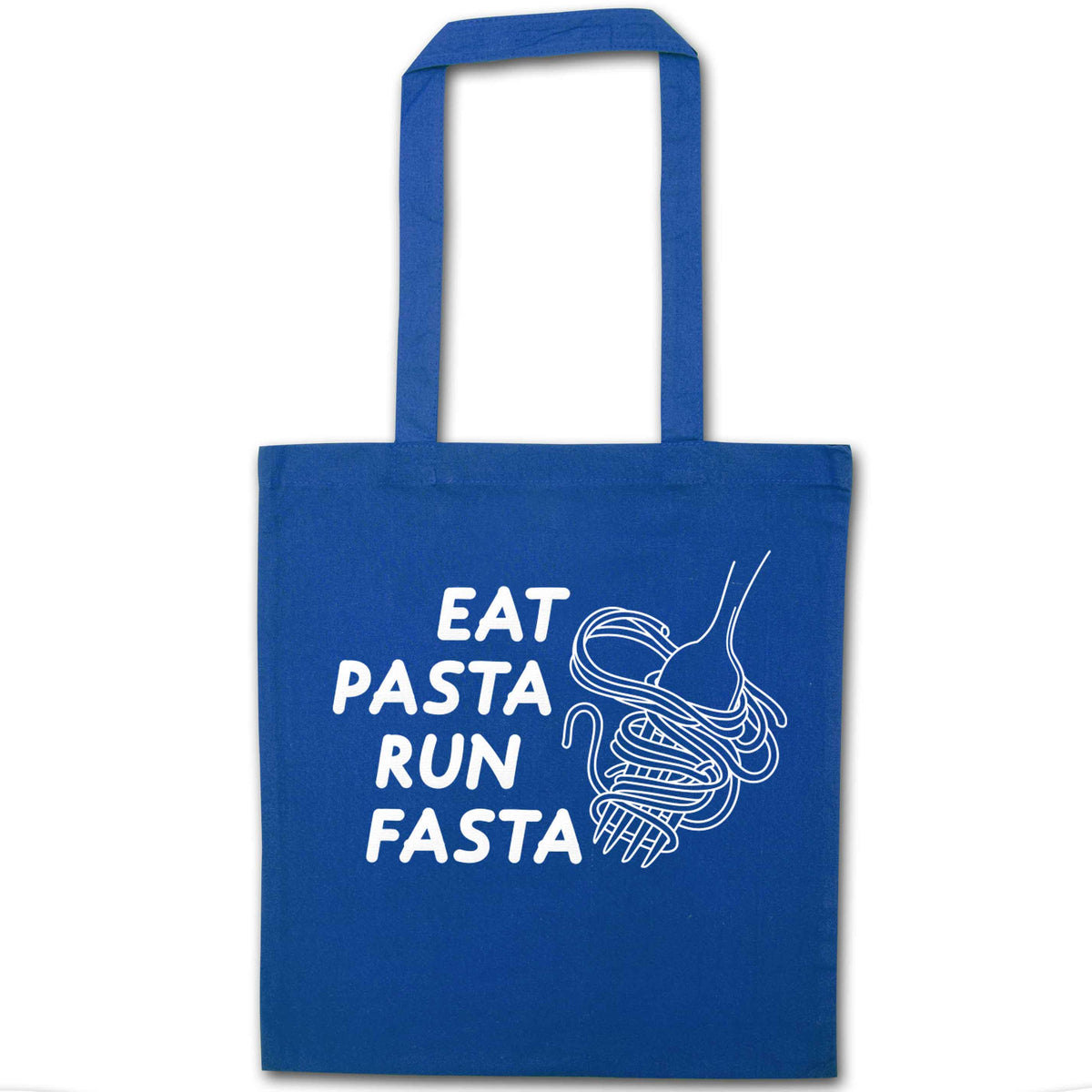 Eat pasta run fasta blue tote bag