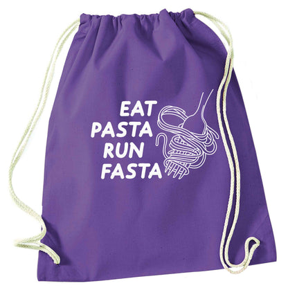Eat pasta run fasta purple drawstring bag