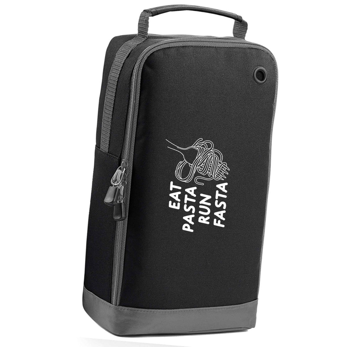 Eat pasta run fasta black sports shoe bag horizontal print