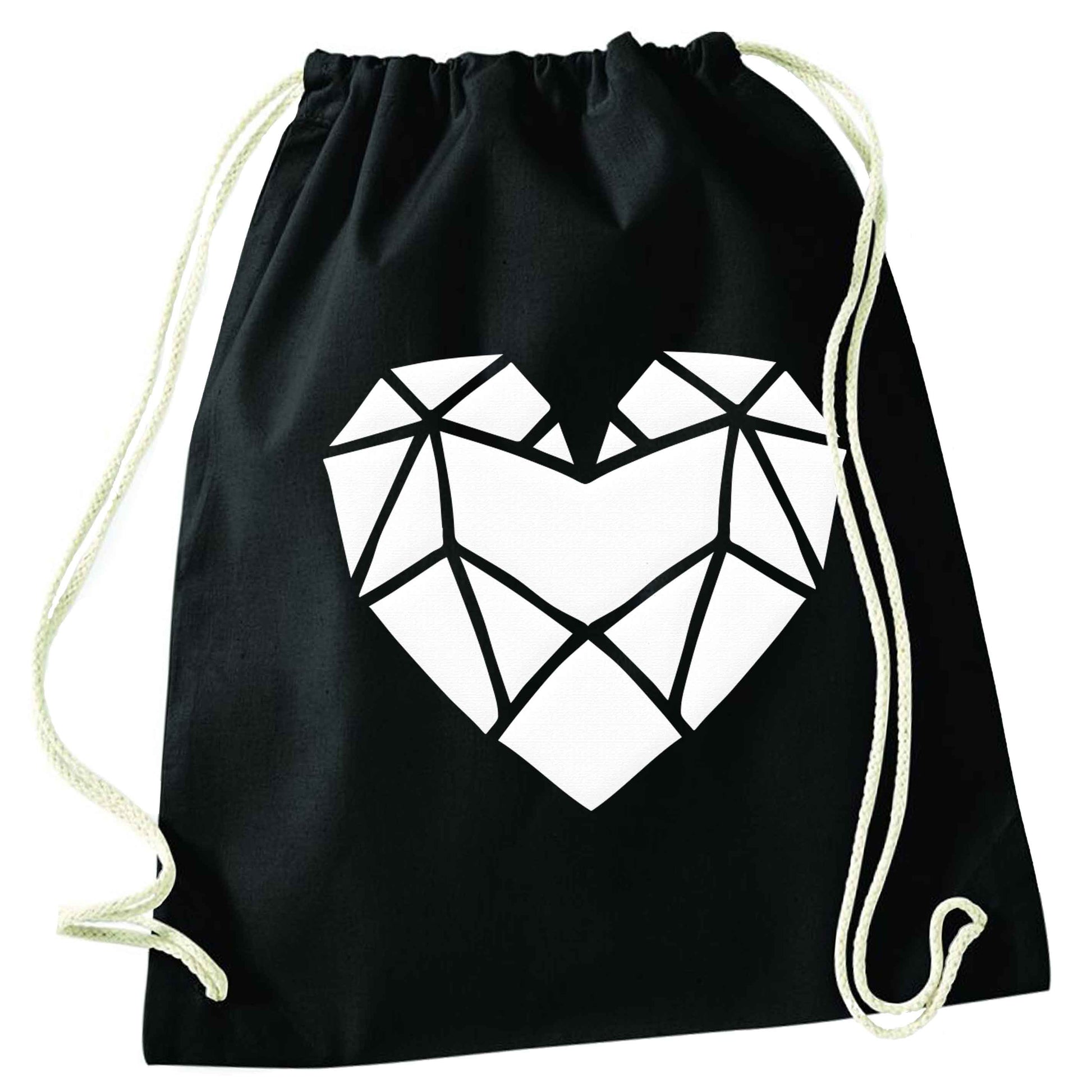 Geometric heart black drawstring bag