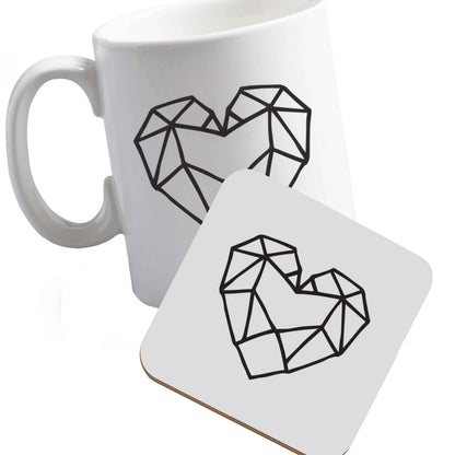 10 oz Ceramic mug and coaster Geometric heart both sides