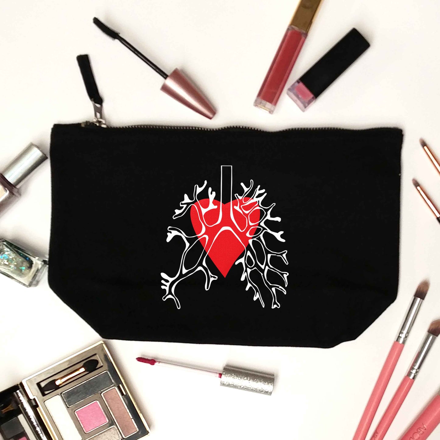 Lungs and heart illustration black makeup bag