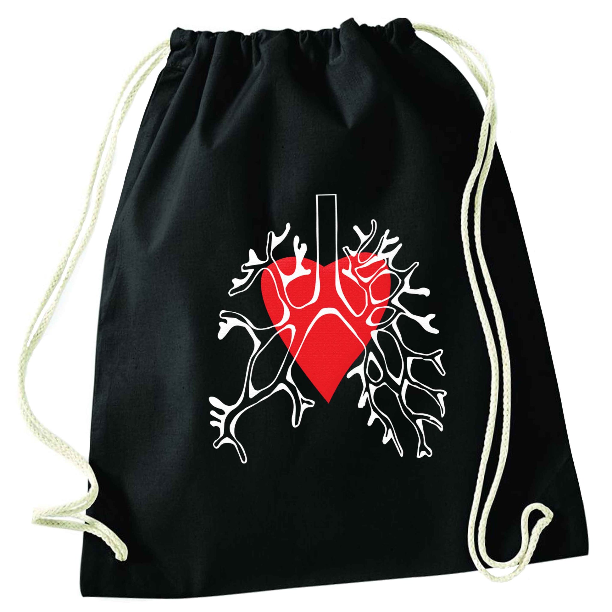 Lungs and heart illustration black drawstring bag