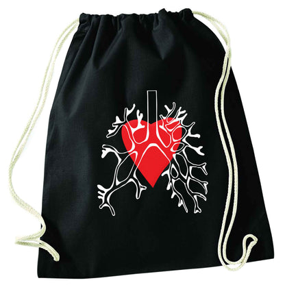 Lungs and heart illustration black drawstring bag