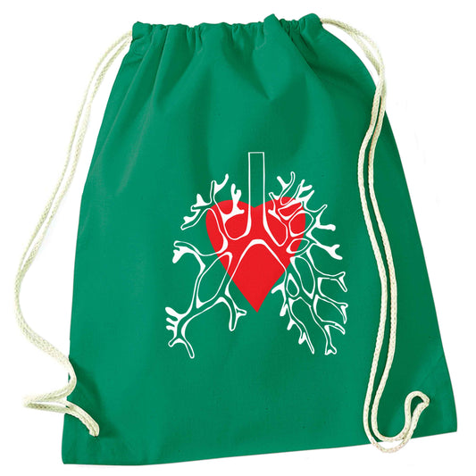Lungs and heart illustration green drawstring bag