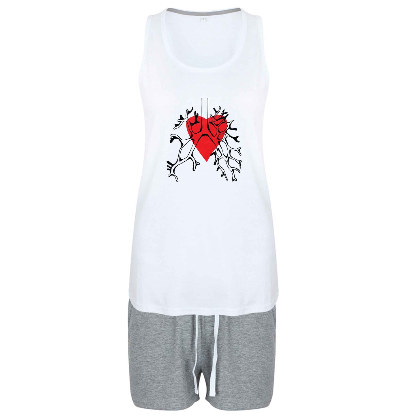 Lungs and heart illustration size XL women's pyjama shorts set in pink 