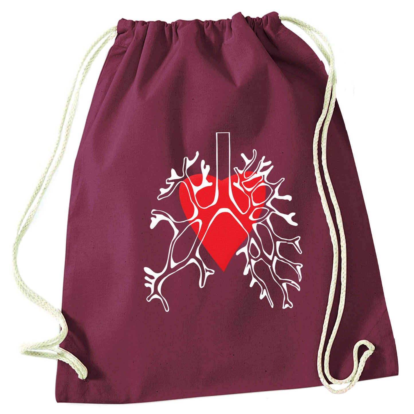 Lungs and heart illustration maroon drawstring bag