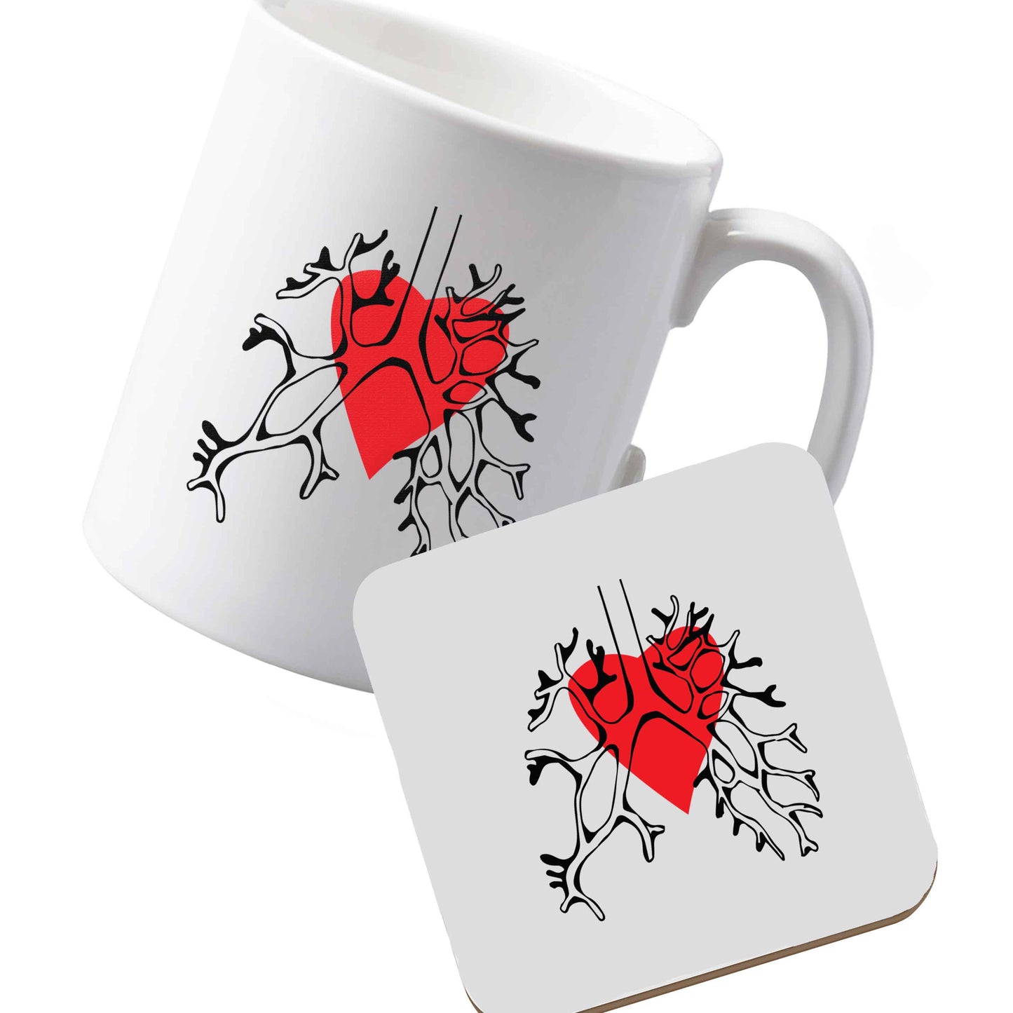 10 oz Ceramic mug and coaster Lungs and heart illustration left sided