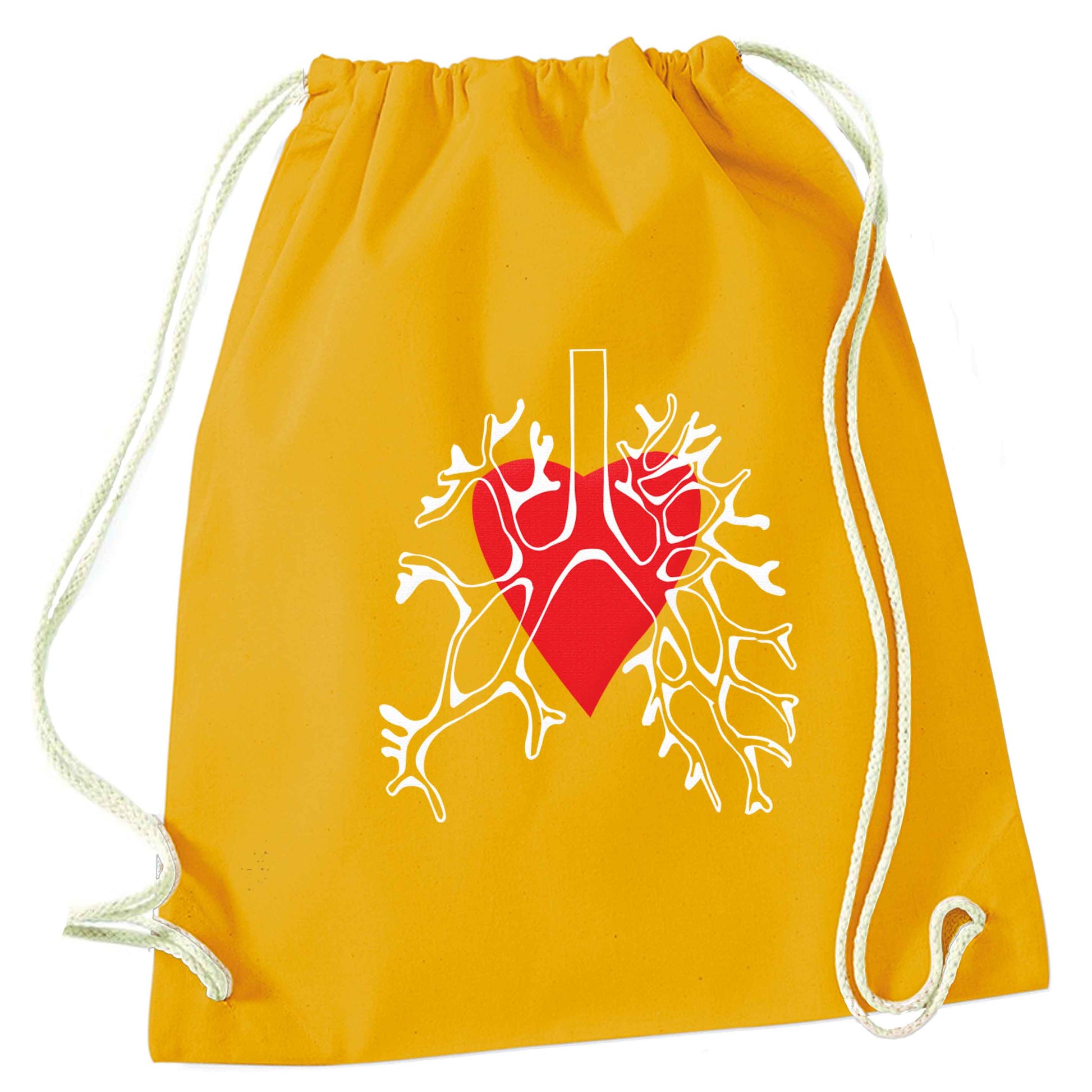 Lungs and heart illustration mustard drawstring bag