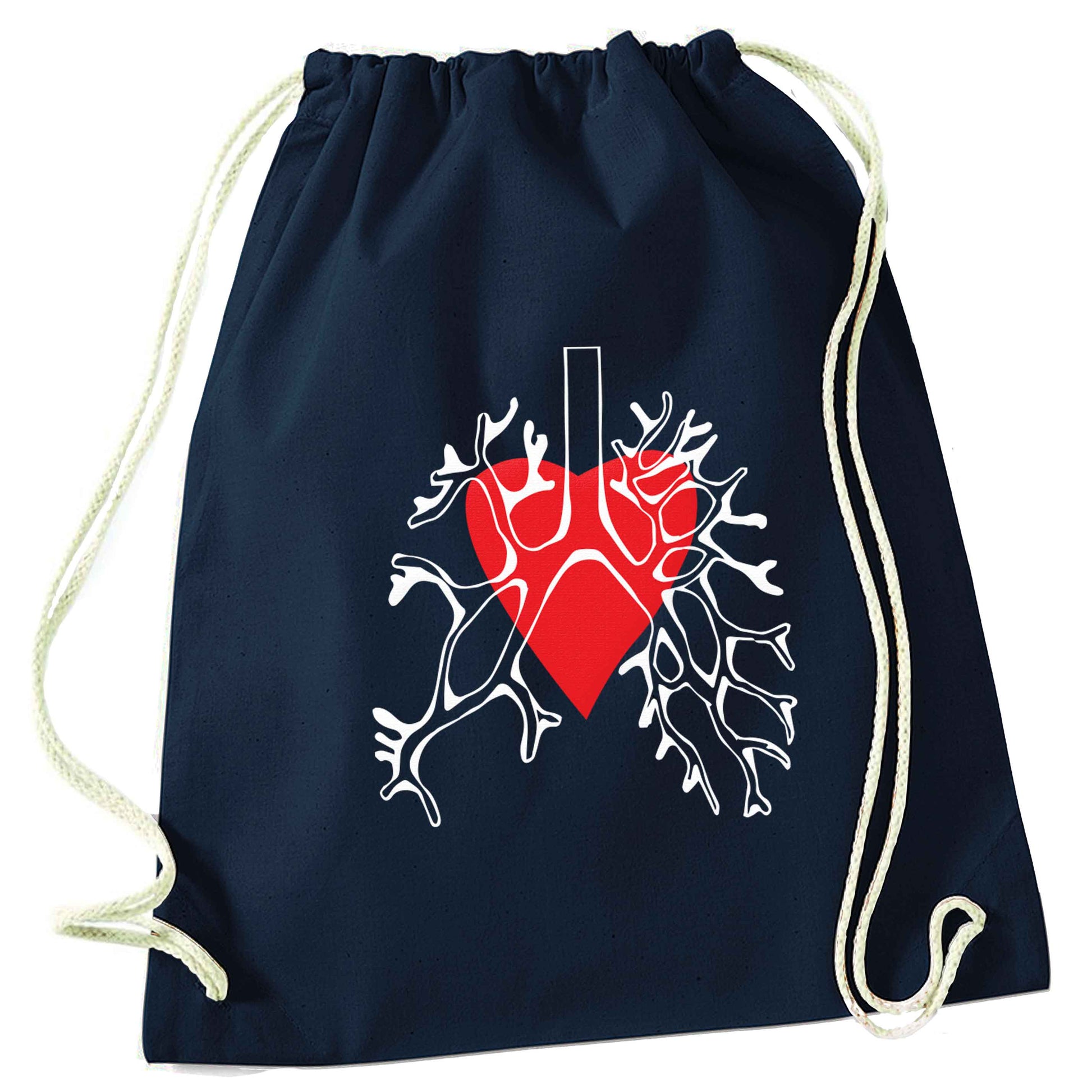 Lungs and heart illustration navy drawstring bag