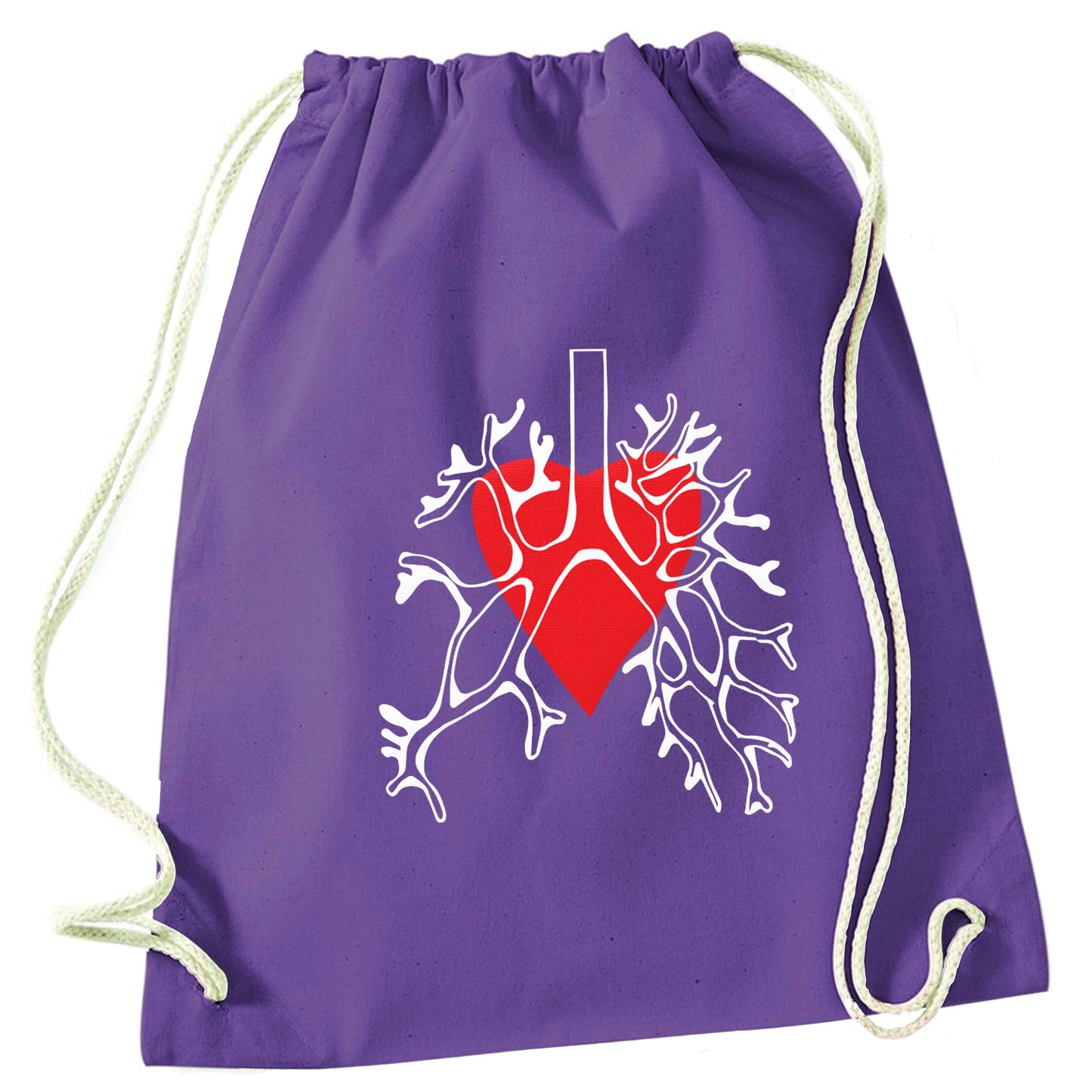 Lungs and heart illustration purple drawstring bag