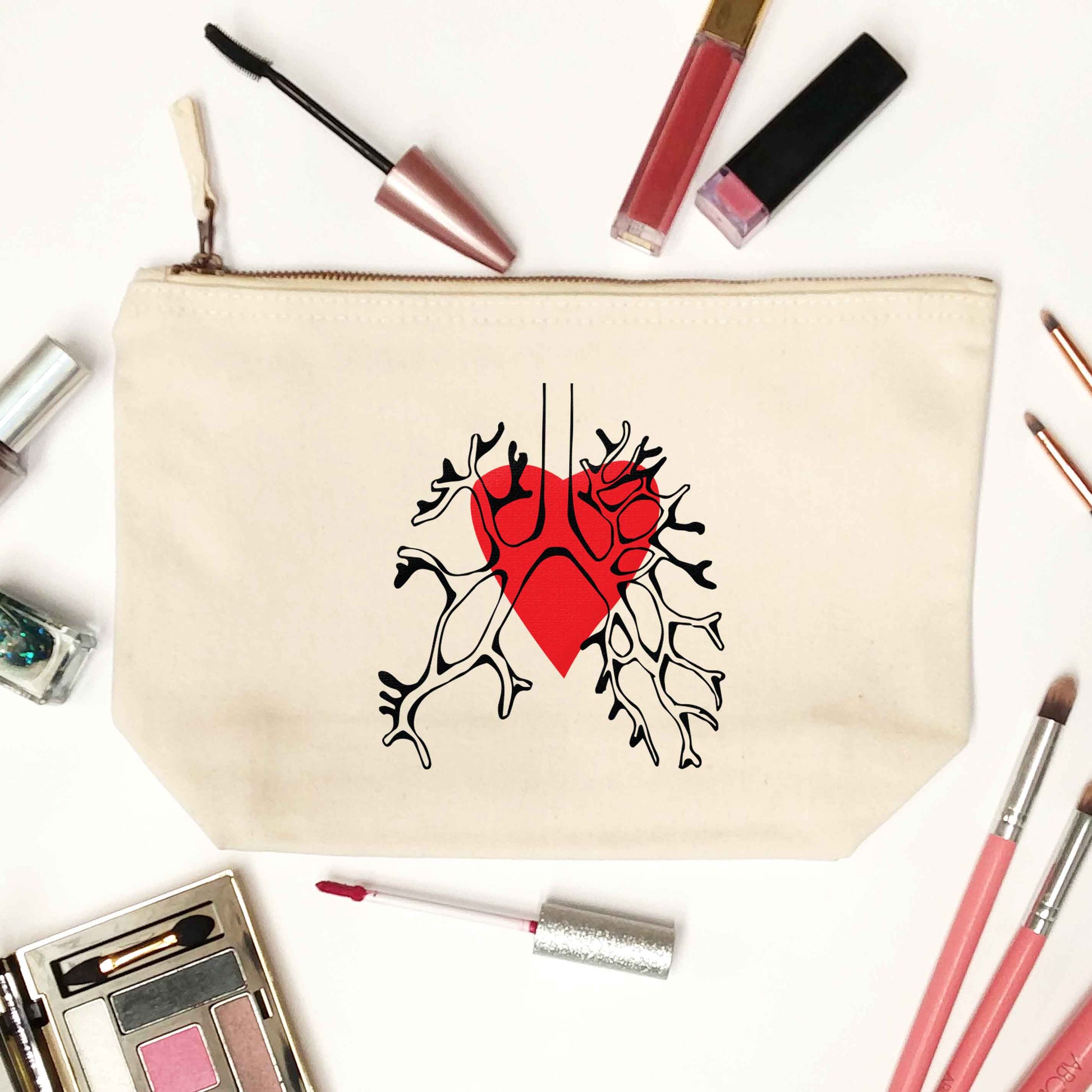 Lungs and heart illustration natural makeup bag