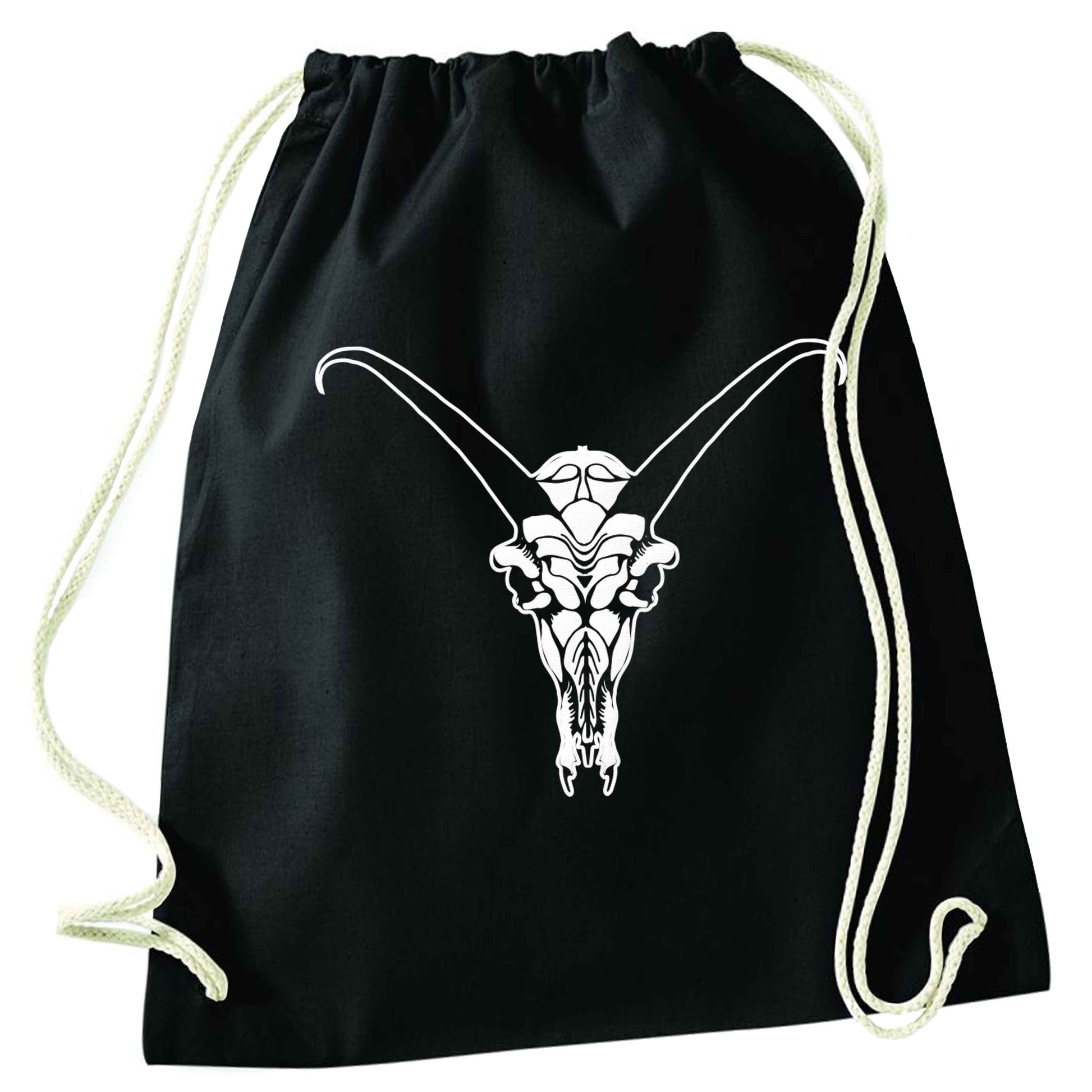 Deer skull illustration black drawstring bag
