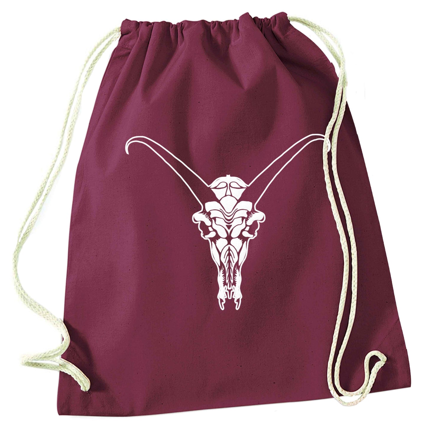 Deer skull illustration maroon drawstring bag