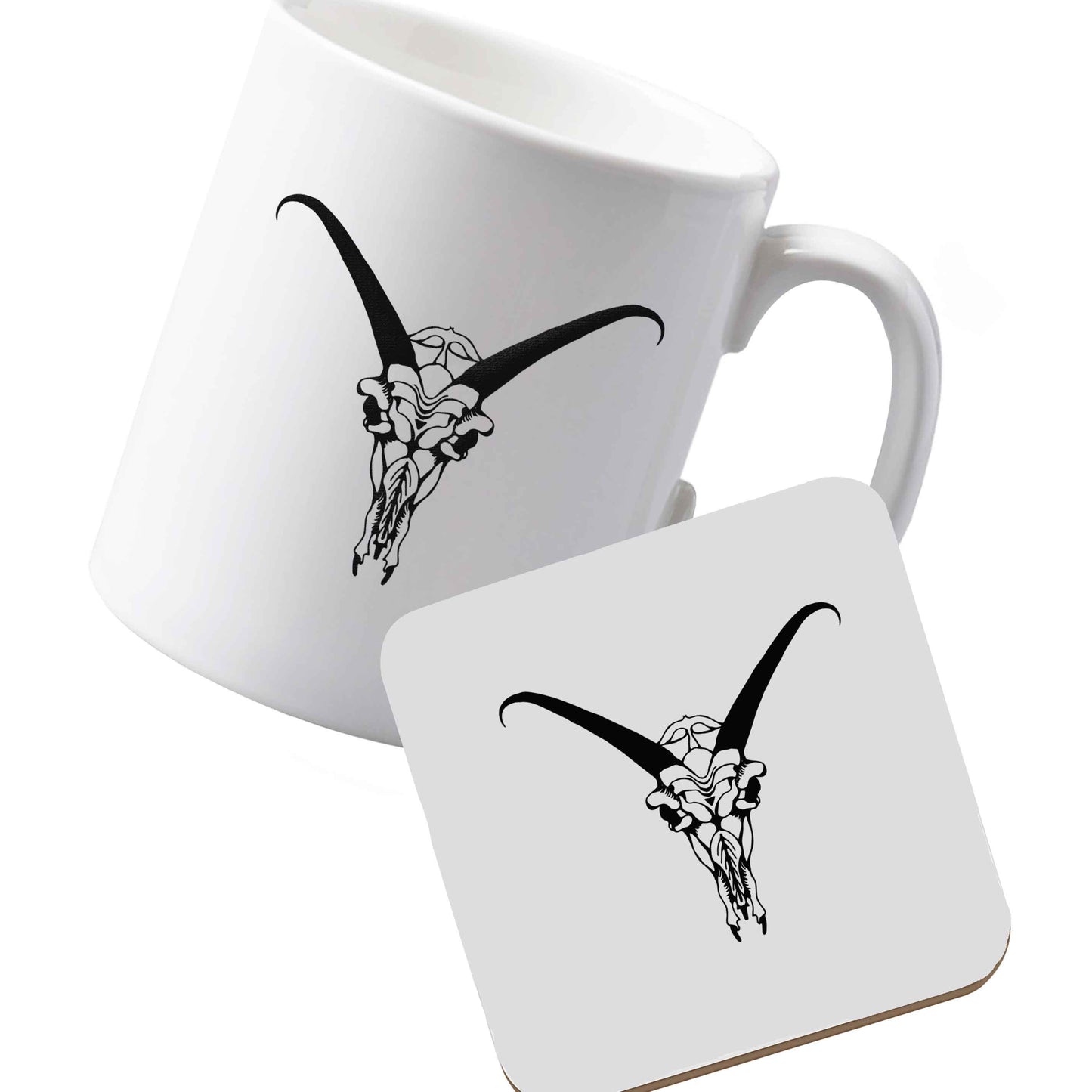10 oz Ceramic mug and coaster Deer skull illustration left sided