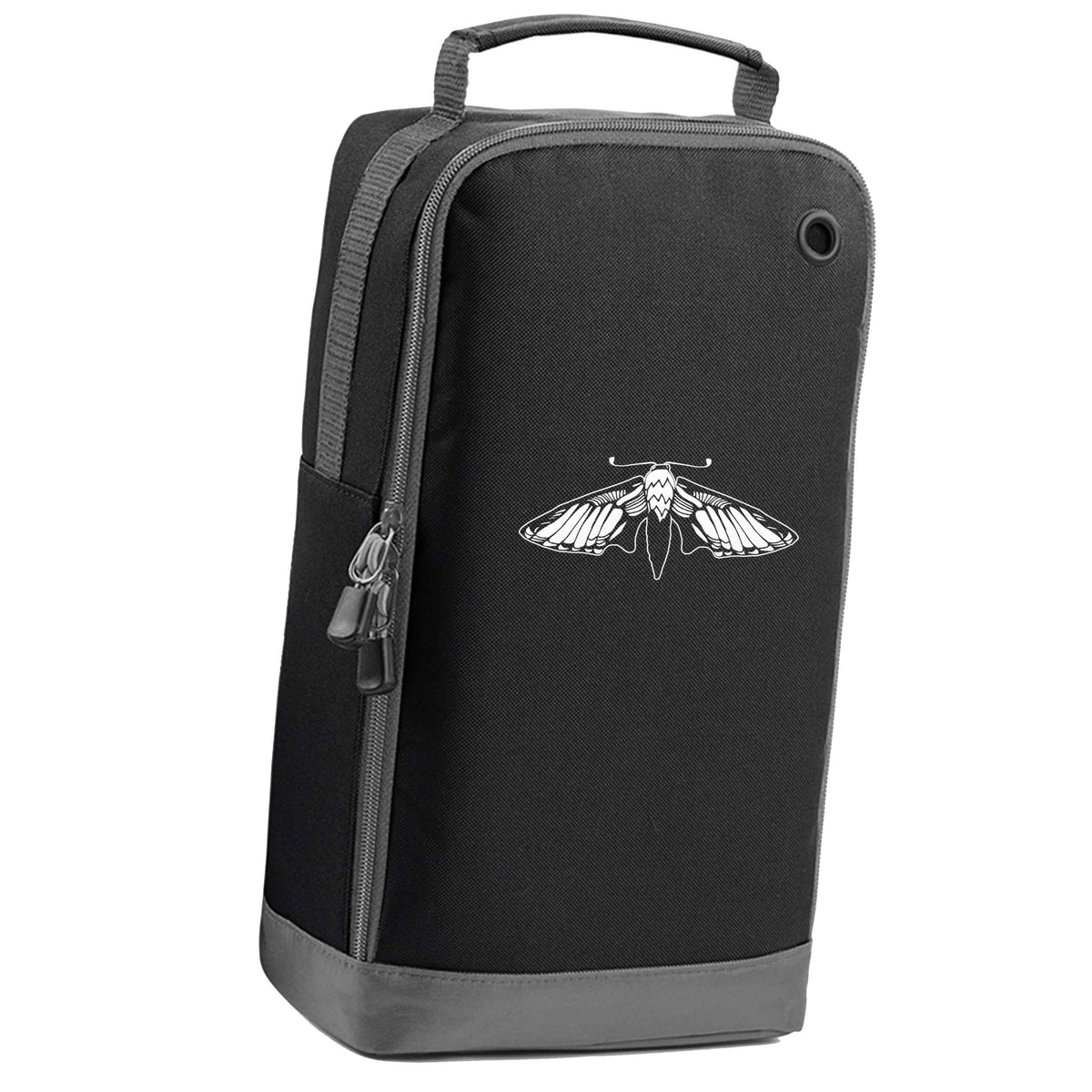 Moth illustration black sports shoe bag vertical print