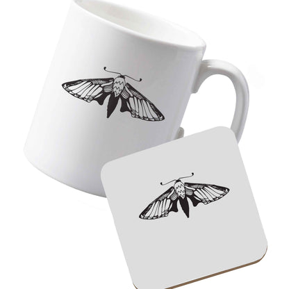 10 oz Ceramic mug and coaster Moth illustration left sided