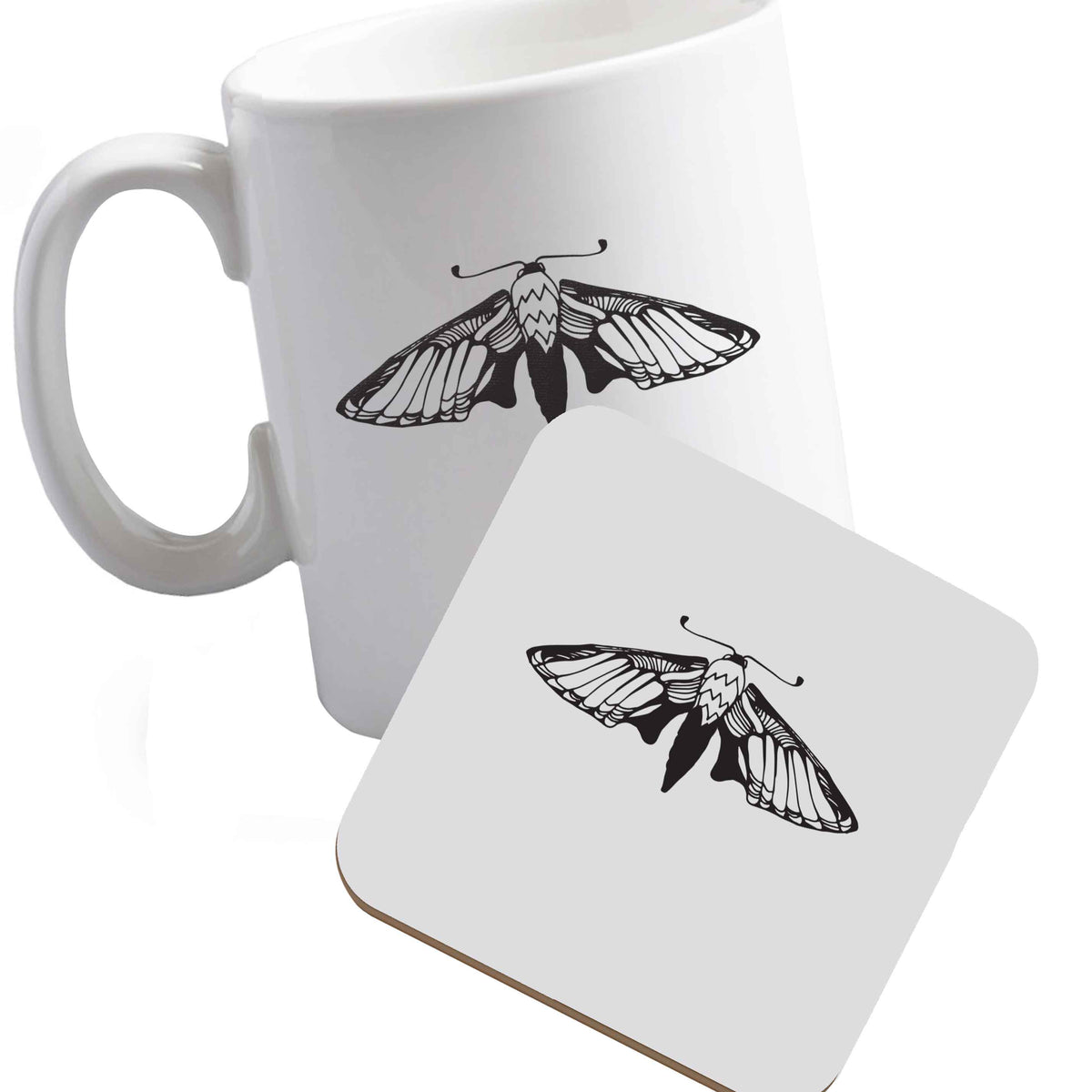 10 oz Ceramic mug and coaster Moth illustration both sides