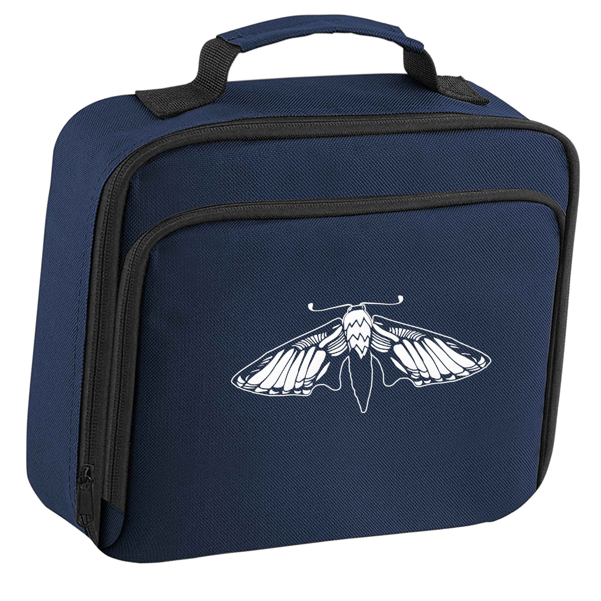 Moth illustration insulated navy lunch bag cooler