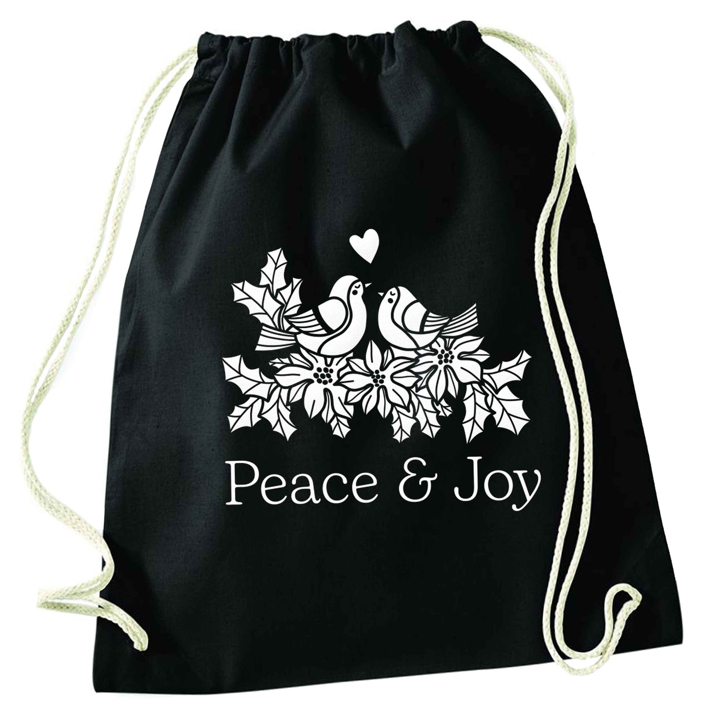 Peace & Joy black drawstring bag
