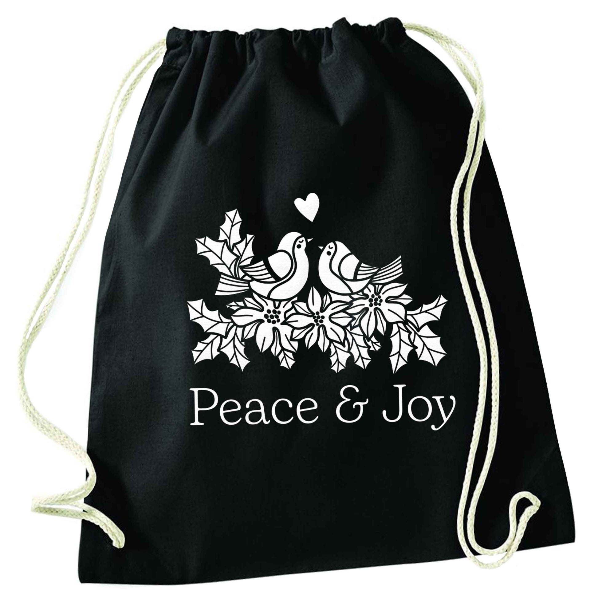 Peace & Joy black drawstring bag