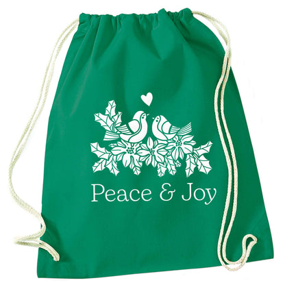 Peace & Joy green drawstring bag