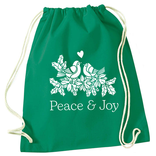 Peace & Joy green drawstring bag