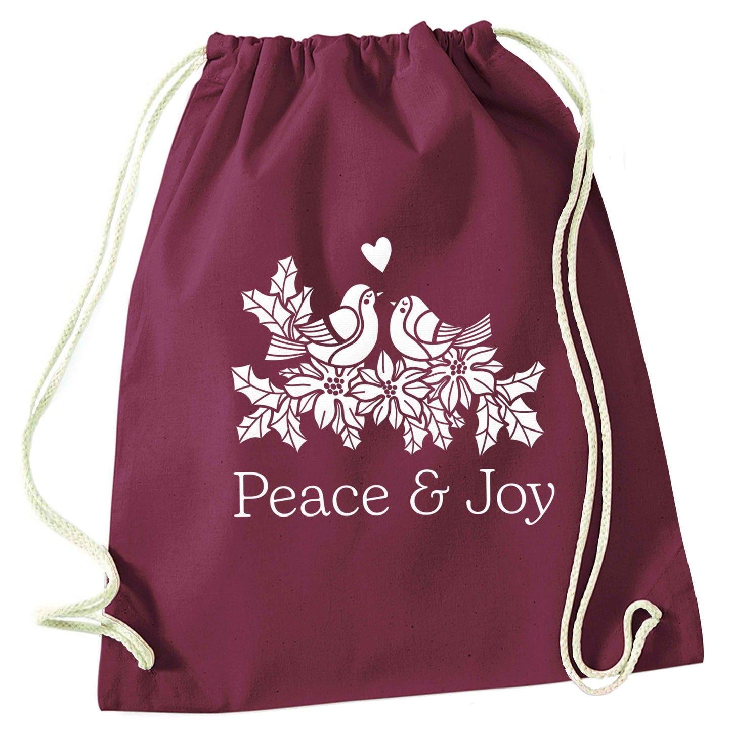 Peace & Joy maroon drawstring bag