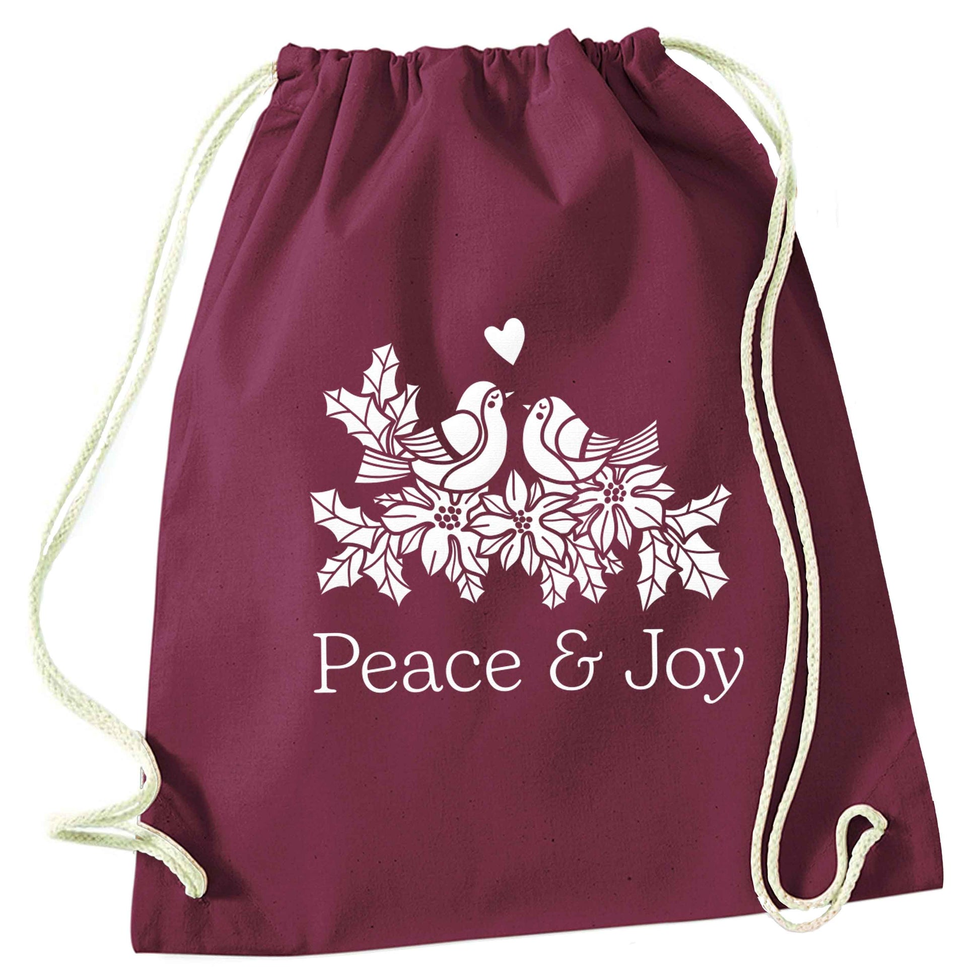Peace & Joy maroon drawstring bag