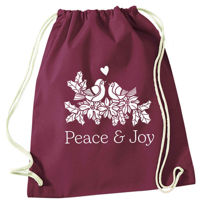 Peace & Joy maroon drawstring bag