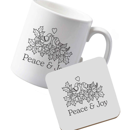 10 oz Ceramic mug and coaster Peace & Joy left sided