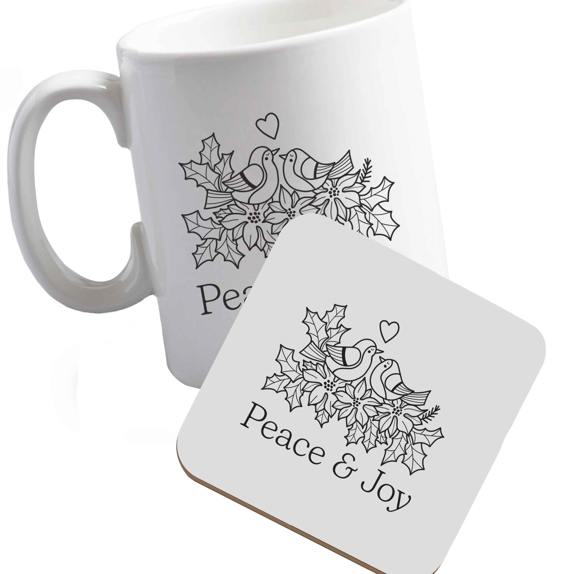 10 oz Ceramic mug and coaster Peace & Joy both sides