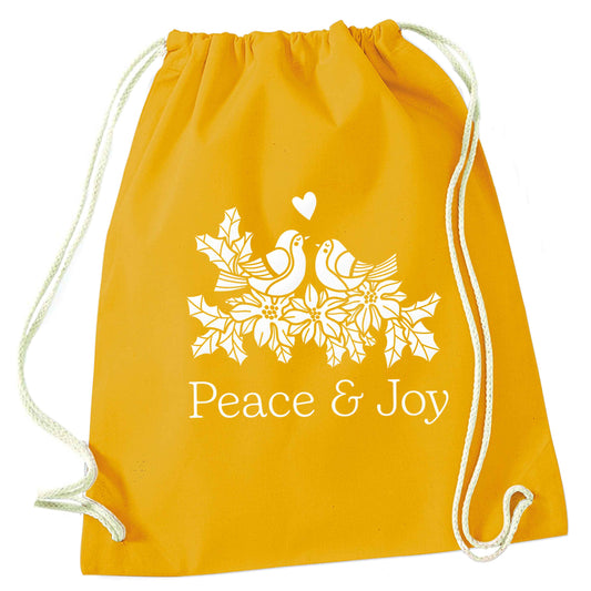 Peace & Joy mustard drawstring bag
