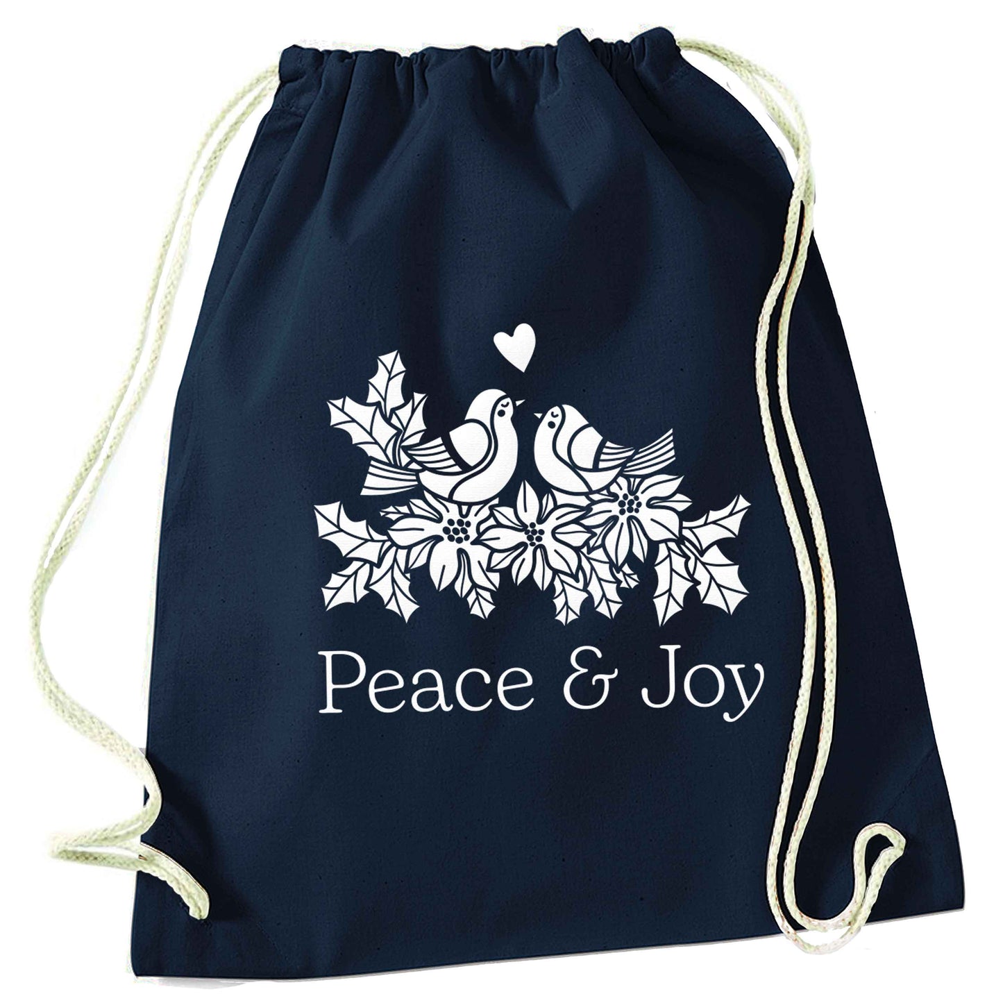Peace & Joy navy drawstring bag