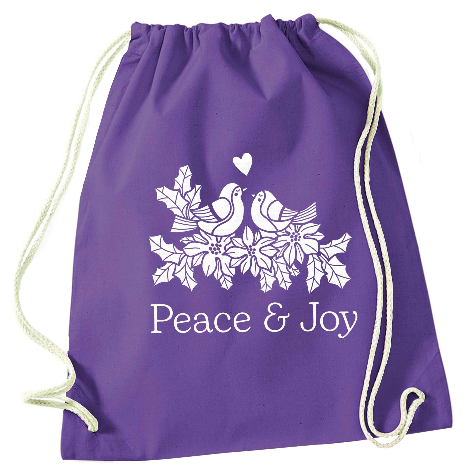 Peace & Joy purple drawstring bag