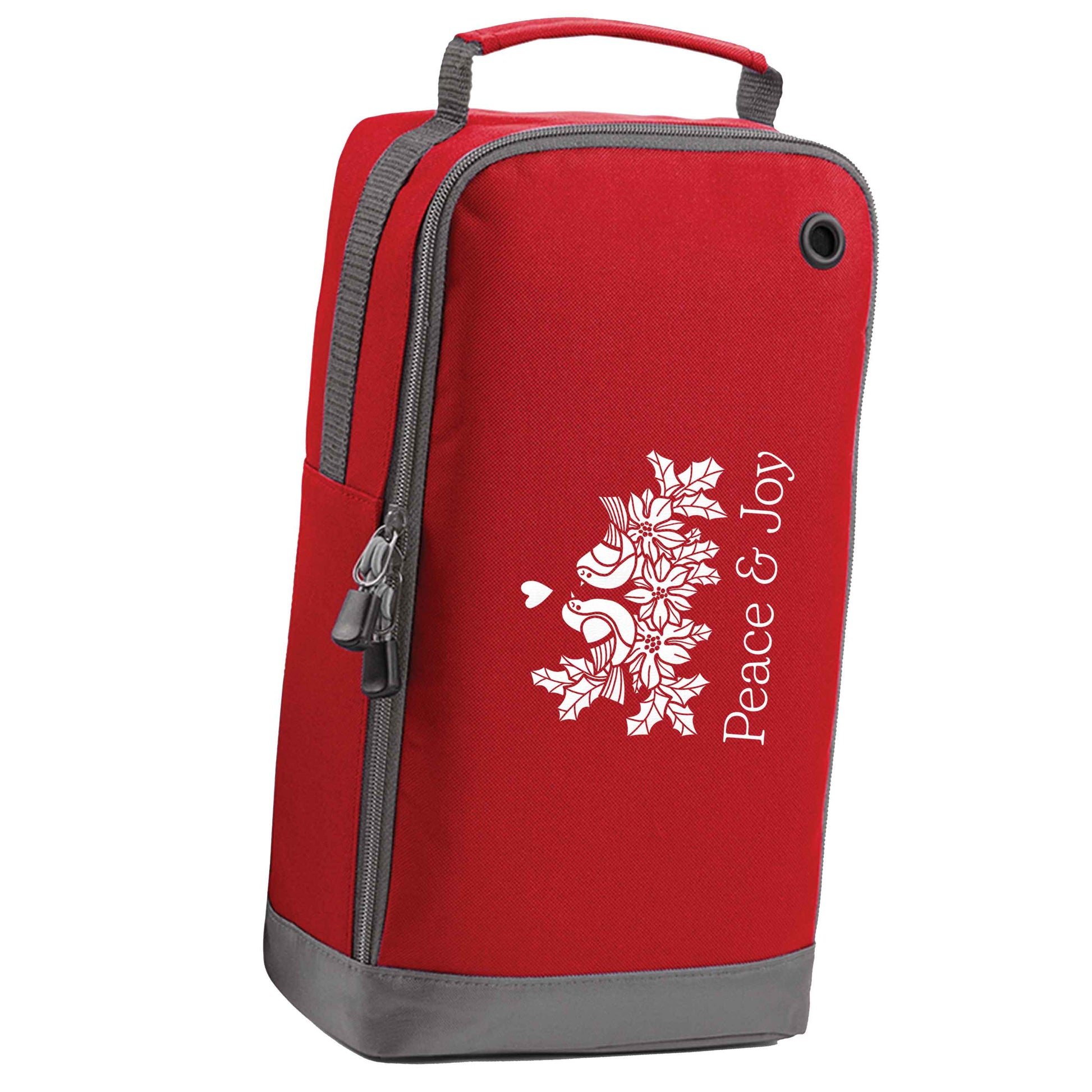 Peace & Joy red sports shoe bag vertical print