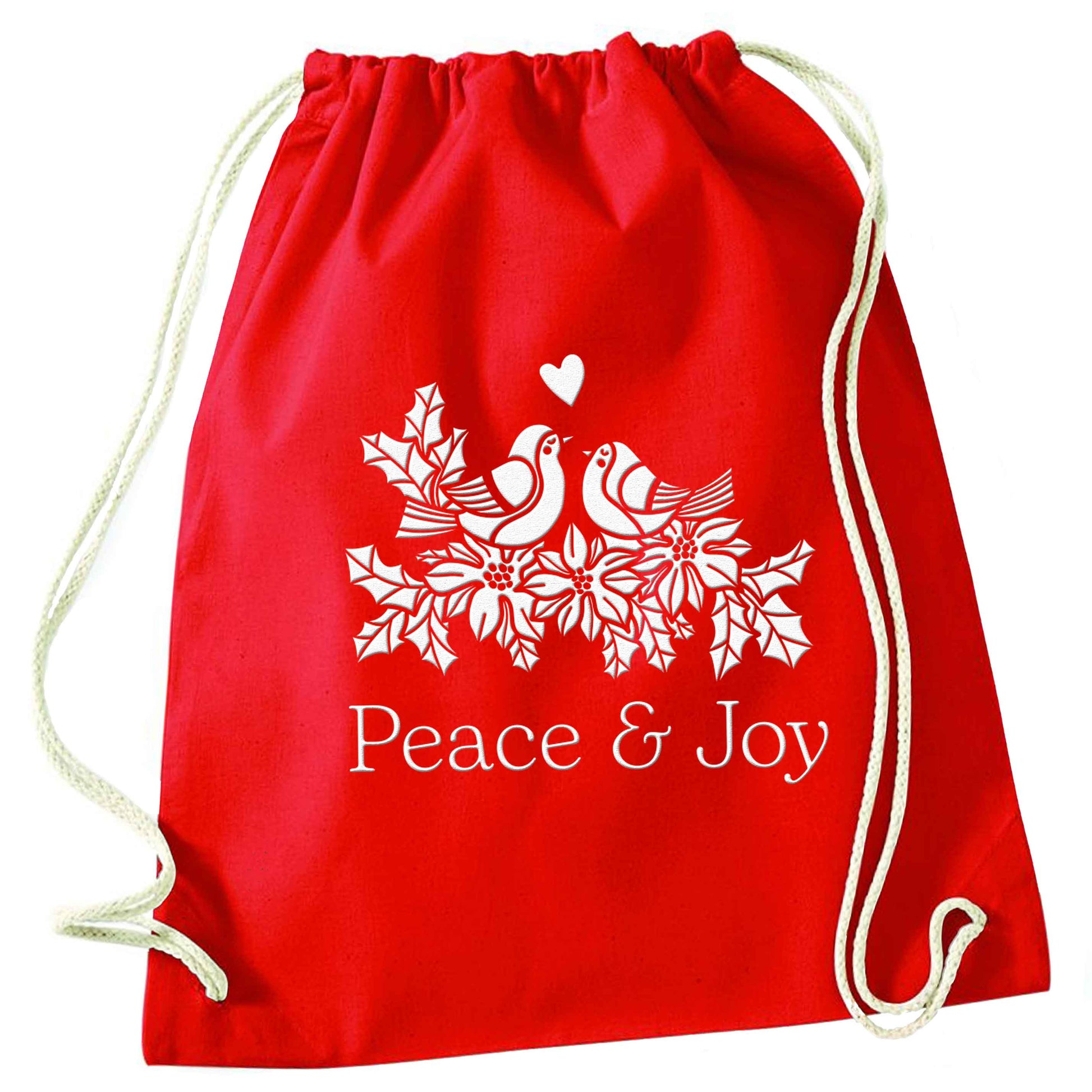 Peace & Joy red drawstring bag 
