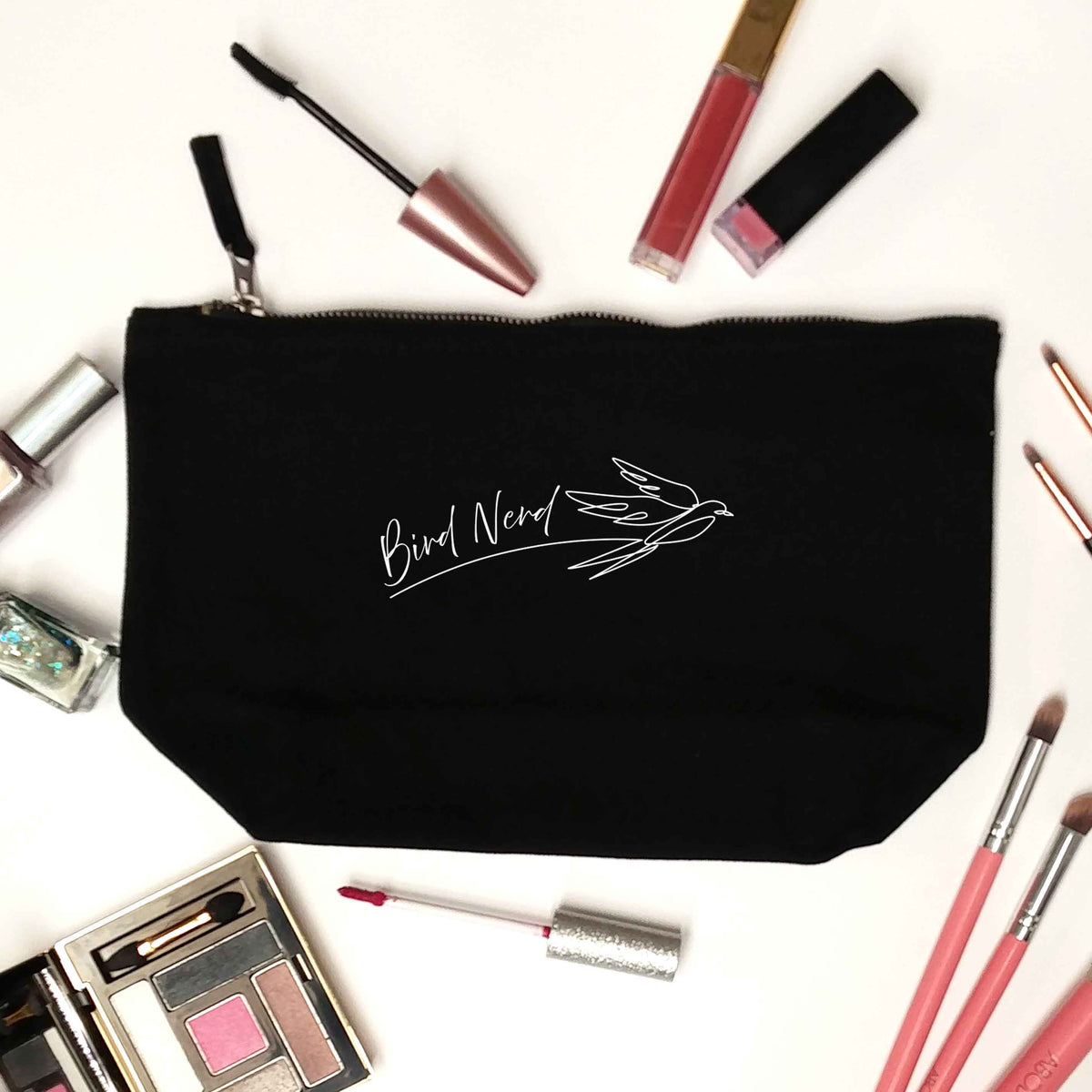 Bird nerd black makeup bag