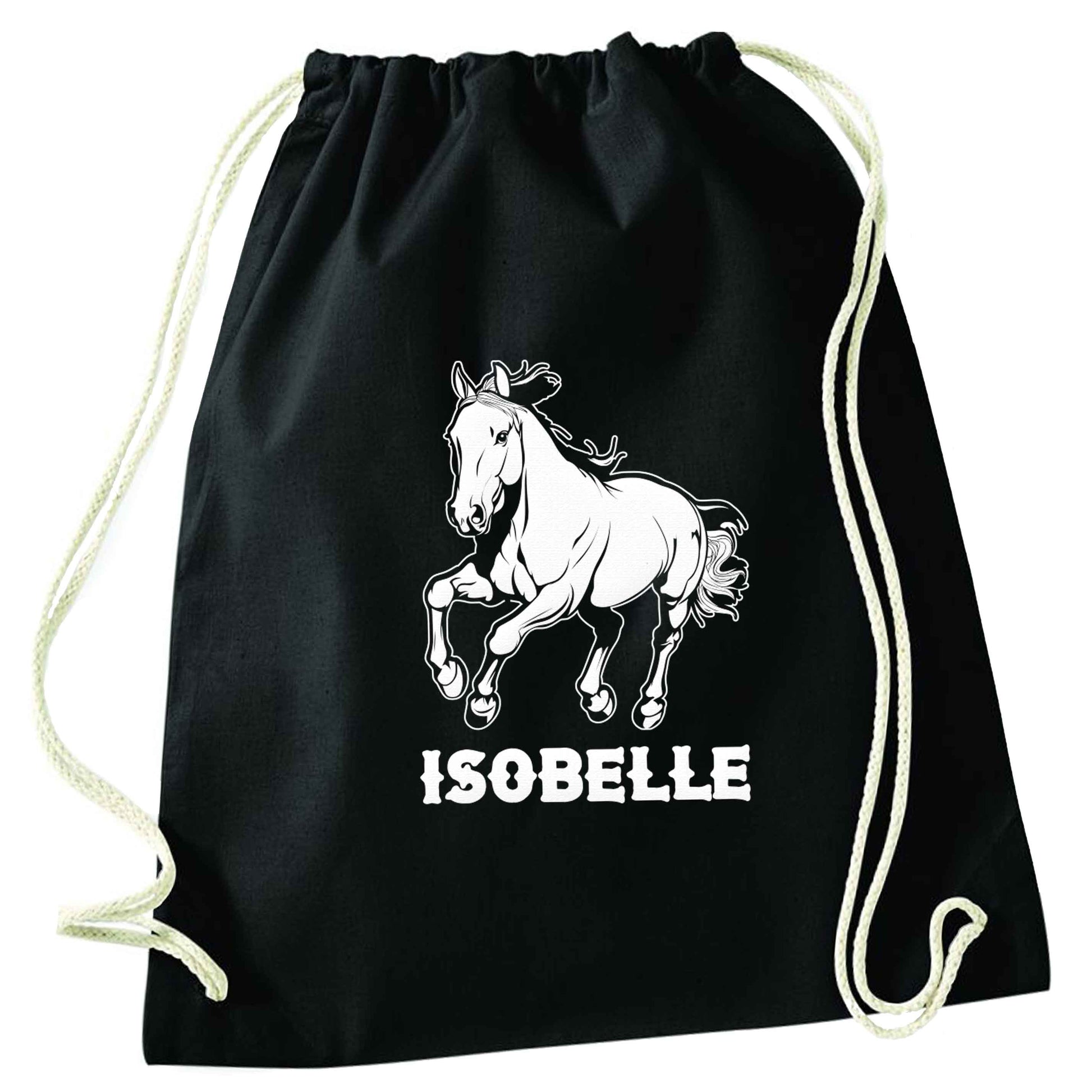 Horse illustration with personalised name black drawstring bag