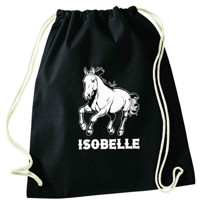 Horse illustration with personalised name black drawstring bag