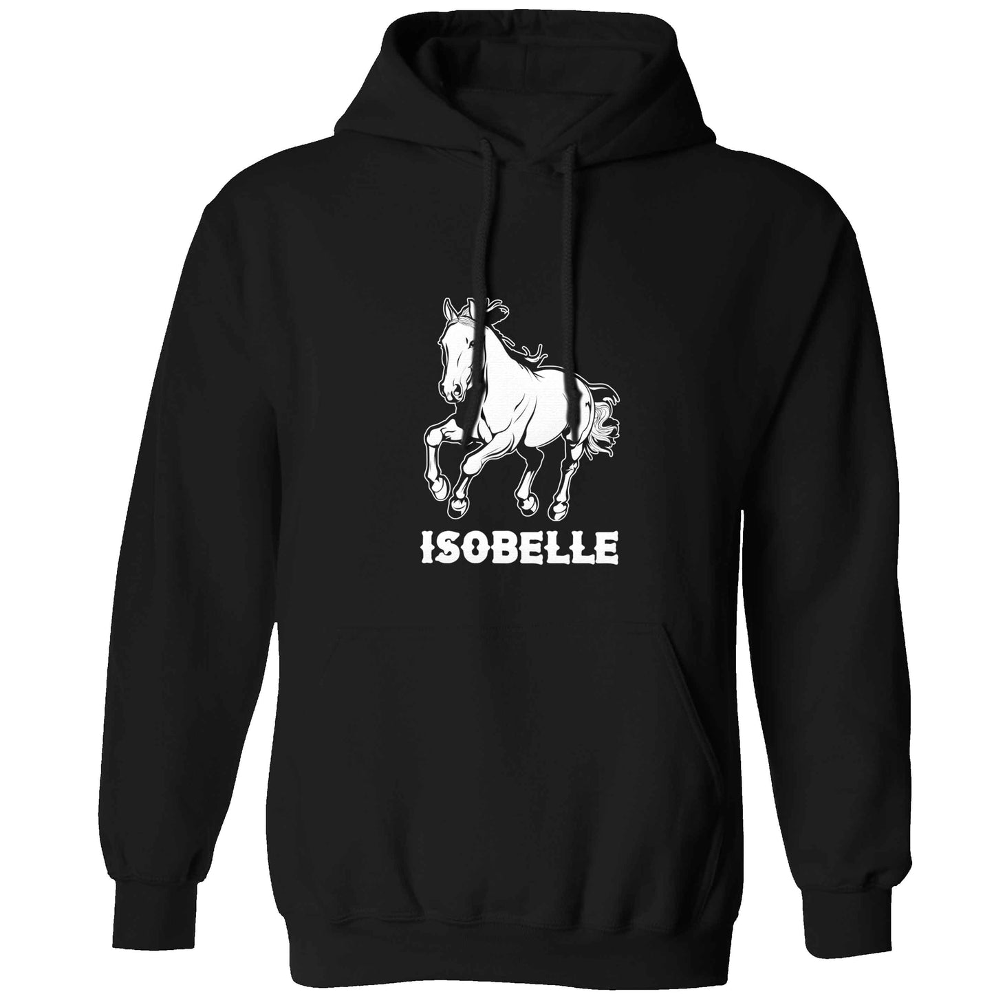 Horse illustration with personalised name adults unisex black hoodie 2XL