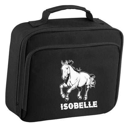 Horse illustration with personalised name insulated black lunch bag cooler