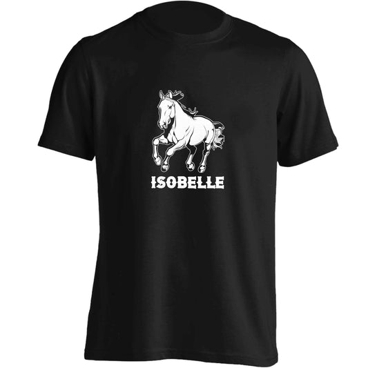 Horse illustration with personalised name adults unisex black Tshirt 2XL