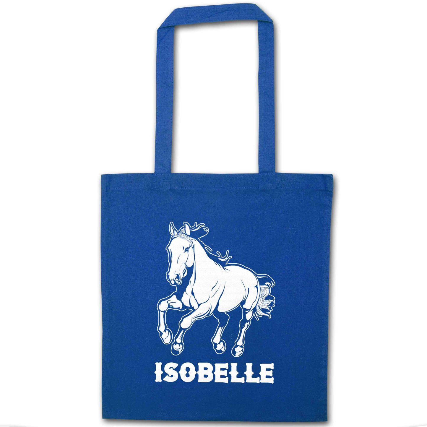 Horse illustration with personalised name blue tote bag