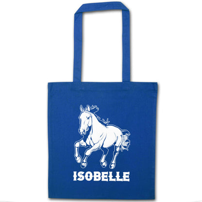 Horse illustration with personalised name blue tote bag