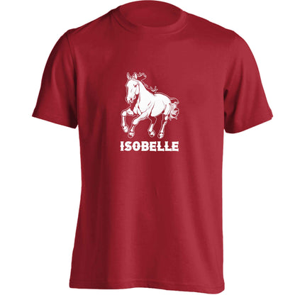 Horse illustration with personalised name adults unisex red Tshirt 2XL