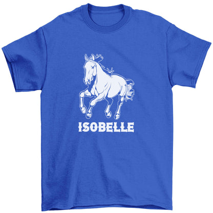 Horse illustration with personalised name Children's blue Tshirt 12-13 Years