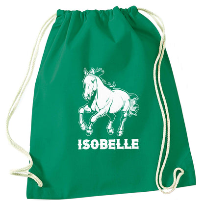 Horse illustration with personalised name green drawstring bag