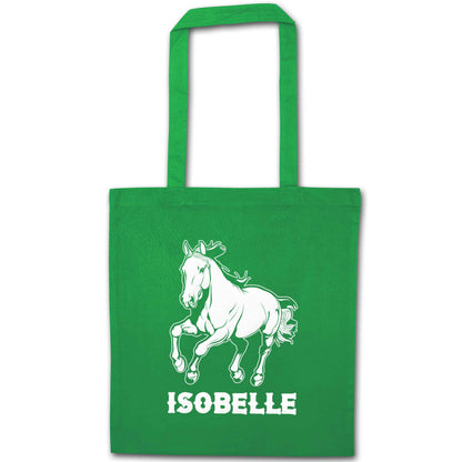 Horse illustration with personalised name green tote bag